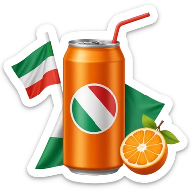 Orange Soda can with fruits on the cover and italian flag with a striped straw red and white  sticker