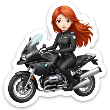 red-haired beautiful girl in a black motorcycle suit on a bmw motorcycle sticker