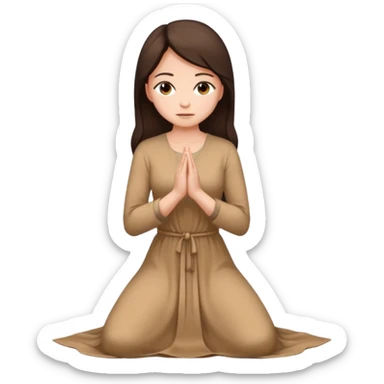 woman with dark brown hair, kneeling and praying in long tan dress sticker