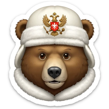 Russian brown bear head only, wearing white furry ushanka hat with realistic double-headed eagle coat of arms in the center, iOS emoji style sticker