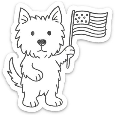 Westie dog waving a US flag, hand drawn black outline style sticker