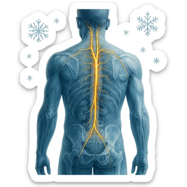 realistic human body with highlighted vagus nerve, rear view, detailed anatomy, vagus nerve path clearly visible, cold effect with blue shades and cold symbols, transparency on internal organs, white background sticker