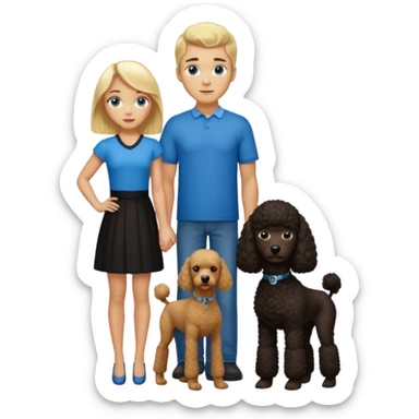 Create an emoticon depicting two people. One person is a tall man with blonde hair and blue eyes. The other is a shorter woman with dark brown hair, brown eyes and brown dark skin. Between them, there is a large black poodle standing. sticker