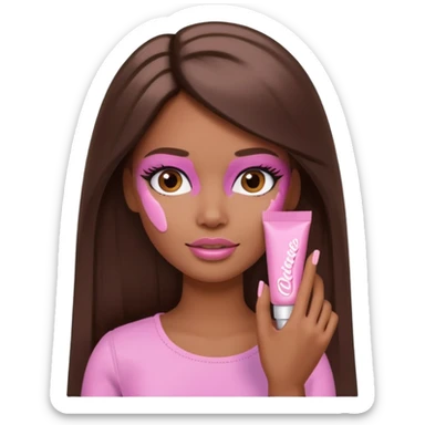 Barbie girl brown long Straight hair and brown eyes is In pale pink smears by hand cosmetic cream on her face sticker