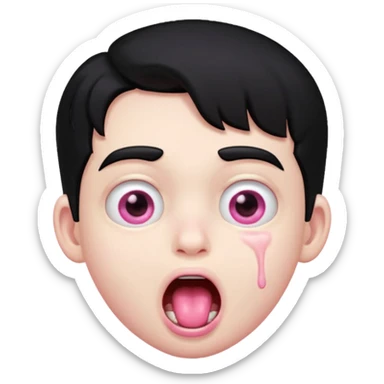 Boy with black hair, pink eyes rolled back, mouth open , drool dripping from chin sticker