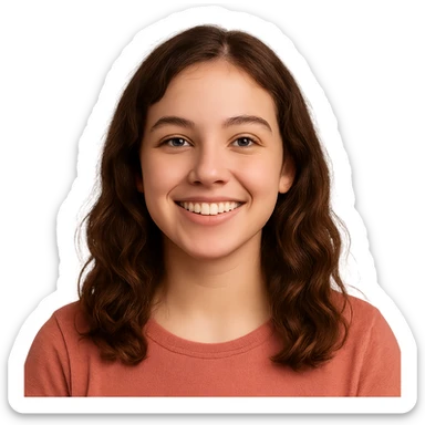 a girl with brown, slightly wavy hair, friendly expression sticker
