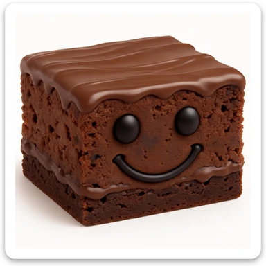 Make the chocolate brownie less tall and more like a flatter square. Change the smiley face to have black eyes and a black smile instead of yellow and red. Maintain the 3D emoji style with realistic depth and shading. sticker