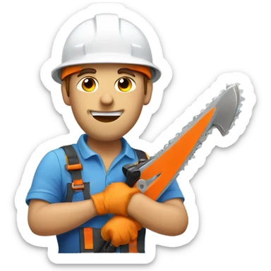 builder in a helmet with a chainsaw sticker