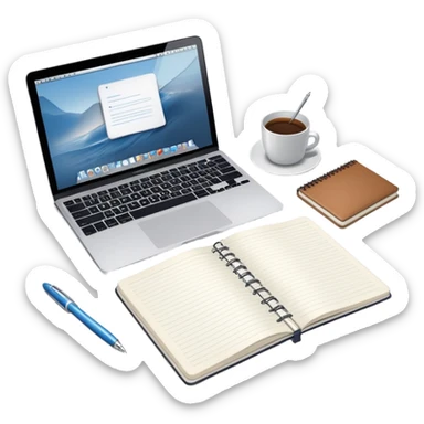 top view of a MacBook and a notebook with a pen nearby, notebook with visible notes sticker