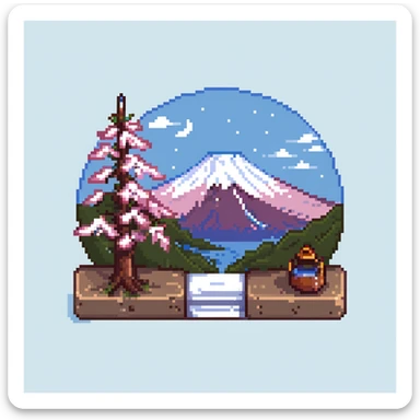 Mount Fuji with snow cap and cherry blossoms around the base sticker