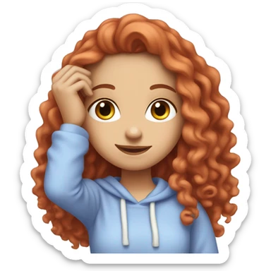 a white girl with long red curly hair, wearing a pastel periwinkle hoodie doing a pose sticker
