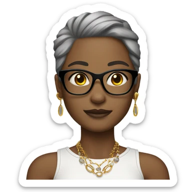 girl with gold jewelry and hoop earrings and make skin a bit lighter and hair gray add glasses  sticker