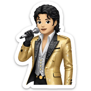 Create a dynamic and stylish emoji representing pop vocal performance with a vintage stage microphone as the central element, surrounded by iconic elements of Michael Jackson’s stage presence. Include a silhouette of his famous glittering jacket or sequined gloves, paired with the microphone to evoke his unique style. Add dramatic musical notes swirling around the microphone and jacket to symbolize the energy and showmanship of pop vocals. Use bold colors like gold, black, silver, and white to reflect the glamour and electrifying performance of a pop legend. The background should be transparent. sticker