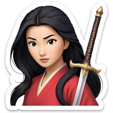 Cinematic Realistic Mulan Portrait, depicted with lifelike skin texture, soft natural lighting, and intricately detailed long black hair styled elegantly. Her deep, expressive eyes exude determination and grace, complemented by a serene yet confident expression. She stands with one hand resting on the hilt of her sword, the other by her side, exuding strength and poise. She is dressed in her classic attire, with rich fabric textures and delicate folds that catch the light beautifully. The portrait features a soft, enchanting glow with a natural, radiant finish, capturing the essence of timeless strength and beauty in a realistic and painterly style, evoking a sense of depth and authenticity. sticker