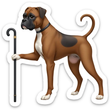 Elderly black boxer dog standing on hind leg using a cane sticker