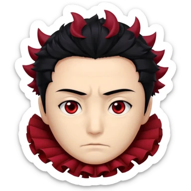 Tanjiro Kamado has a kind, yet determined, appearance with ruffled, black hair that has red/burgundy tips. His most prominent facial features are his wide, dark red eyes and a distinctive scar on the top left of his forehead. sticker