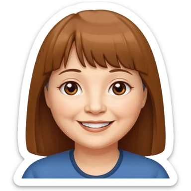 60 yr old woman, very small brown eyes, long straight brown hair, bangs, chubby sticker