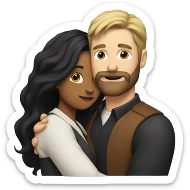 White man with black beard and long hair hugging brown woman with black hair  sticker