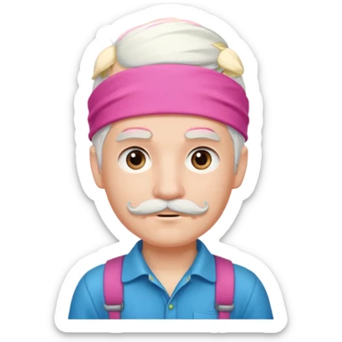 young climber boy with white hair and pink headband and mustache sticker
