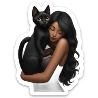 black cat hanging on beautiful black haired woman chest sticker