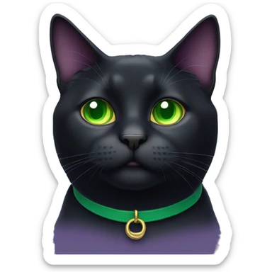 fat black cat with green eyes and purple collar sticker