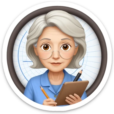 Older woman sketching in spiral pad, spiral pad to the camera sticker