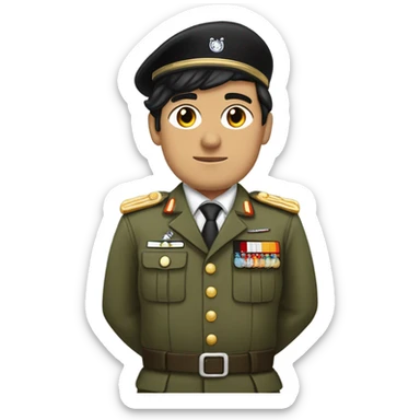 Man with black hair  in a military uniform but without hat and with a moustache and side-swept bangs and with his right hand raised up.And with white skin and Germany flag sticker