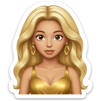 Beyonce hazel eyes, platinum blonde long hair, gold dress with earrings sticker