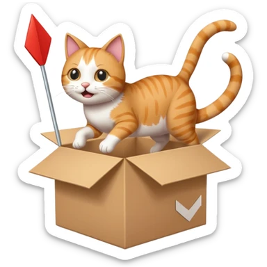 cat jumping out of a box with a white arrow showing the direction of the cat out of the box sticker