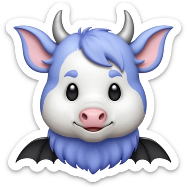 cow and bat hybrid emoji with periwinkle and white as main colors, dark grey accents, bold and clear for Discord and Slack sticker