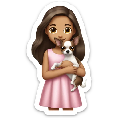 Little Girl with White skin, black eyes. Long brown hair with. She is wearing a pink and White dress, standing and holding on to a Chihuahua  sticker