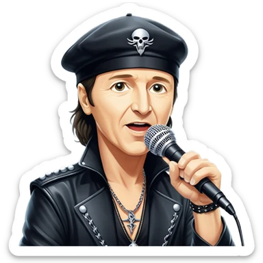 Icon for Rock Music: Klaus Meine with a microphone on the stand performing with Scorpions on stage, with powerful stage presence. The vibe should capture the energetic and iconic sound of Scorpions, with vibrant lighting and a stadium atmosphere. Transparent background. sticker