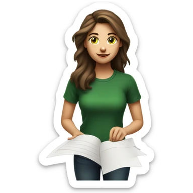 a brown-haired girl in a black T-shirt and green shirt holds a contract on paper in her upraised hand above her head sticker