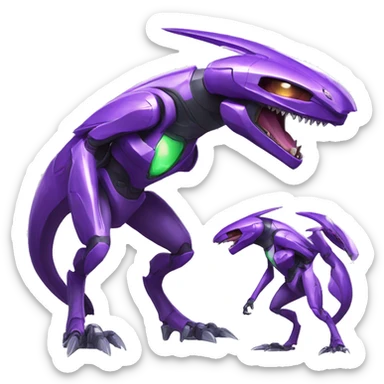 a shiny purple Genesect-Raptor-Fakémon—hybrid with a futuristic visor-helmet full body sticker