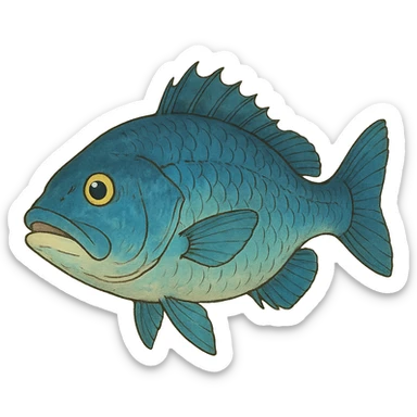 blue bass fish, ghibli style illustration sticker