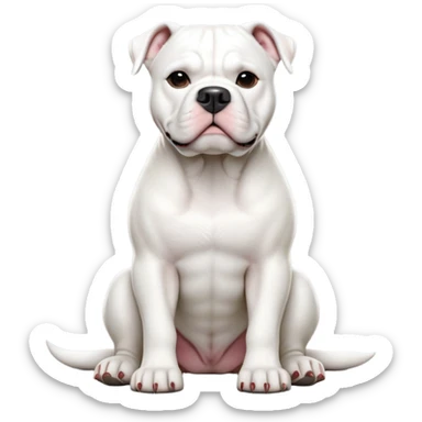 cinematic-[solid white american bulldog]-realistic-full-body-sitting-emoji,-tail-resting-loosely-beside-its-paws,-head-tilted-dramatically,-sleek-[solid white]-fur,-simplified-yet-realistic-focused-features,-highly-detailed,-glowing-with-an-almost-sarcastic-glow sticker