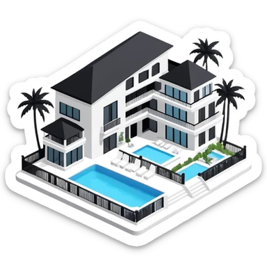 Isometric exterior black and white beach resort hotel, modern dollhouse style 3D realistic  sticker