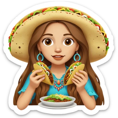 Hippie girl with long brown hair eating tacos sticker