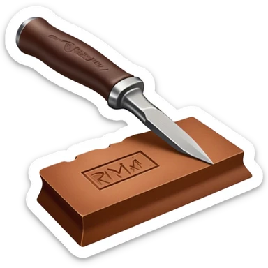 Leatherworking icon, piece of raw leather with started engraving, engraving tool or chisel, stamp or press, textured surface, minimalistic style, clean lines, transparent background. sticker
