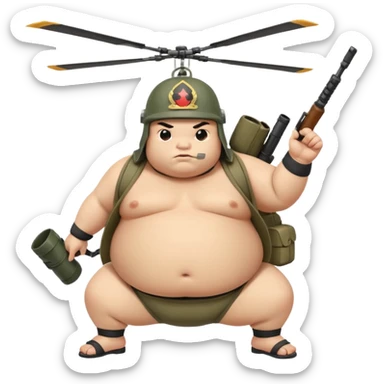 A fat sumo fighter holding a RPG with a army helmet and he’s hanging off a side of a helicopter  sticker