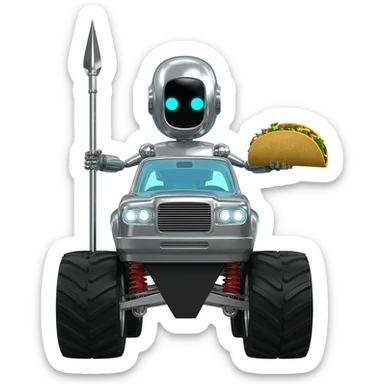 Robot riding a monster truck holding a spear and taco sticker