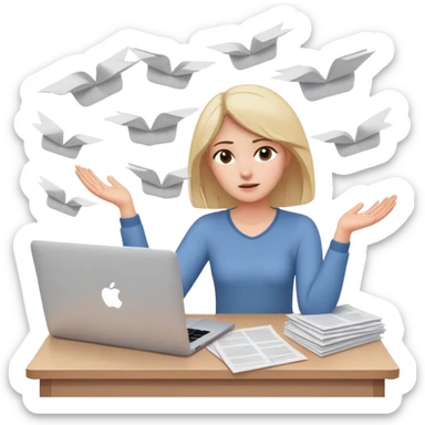 tired woman sitting at a desk with a MacBook, holding her arms out to the side, surrounded by flying papers sticker