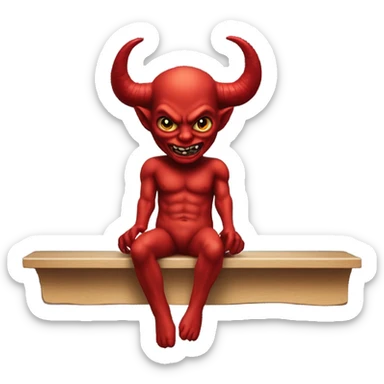 Red horned Satan doll swinging legs on a shelf  sticker