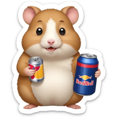 Funny cartoon-style fat hamster wide eyed with a can of redbull sticker