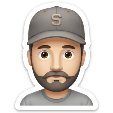 white male with dark brown goatee beard and moustache with grey tones wearing a grey baseball cap back to front with hazel eyes sticker