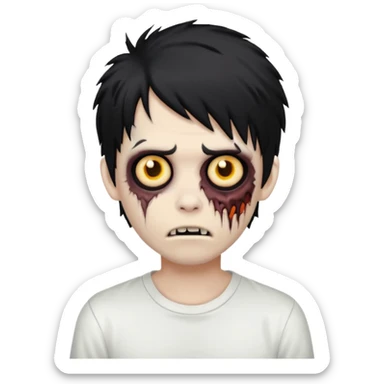 zombie boy with black shaggy hair, emo style, creepy and spooky face, white shirt, emoji style sticker