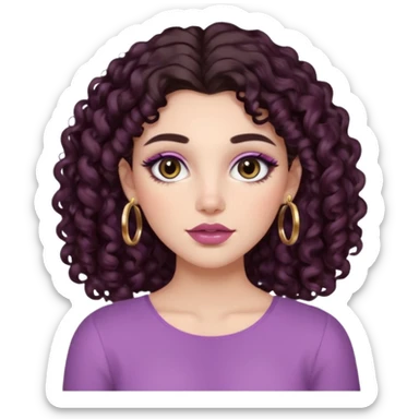 Woman with long dark brown curly 2b hair, big brown eyes, thick brows, fair/light-medium skin, rosy blush, glossy mauve lips, gold hoops, and soft natural glam makeup. sticker