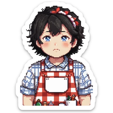 chubby boy with black hair styled upward in front, wearing a red and white checkered plaid apron sticker
