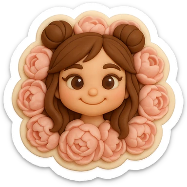 3D chibi fondant cake art style, high-quality rendering with smooth shadows and soft gradients. Girl based on reference image with preserved facial features and eye shape exactly as in the reference. Long brown hair in two space buns, brown eyes, thick white outline like a sticker, transparent background. Her smiling face is framed by a thick ring of giant soft pink peonies, only her head visible, flowers are lush and dense. sticker