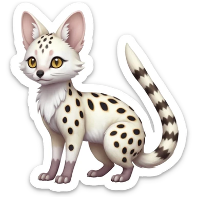 White Albino grey-spotted Serval-Civet-Genet-Trico-Furret-Linoone-Fakémon-Pokémon-animal-hybrid-fusion-creature (full body) with vibrant glowing eyes, cute, elegant, soft, realistic, pastel fur sticker